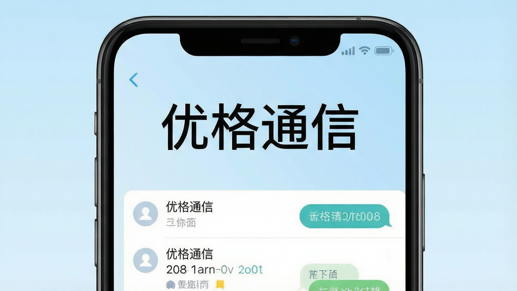 一张手机截图风格的图片,画面中央显示“优格通信”四个字,下方是简洁的聊天列表界面,背景为淡蓝色渐变,整体布局清晰现代,扁平化风格,文字清晰,画质干净无多余元素