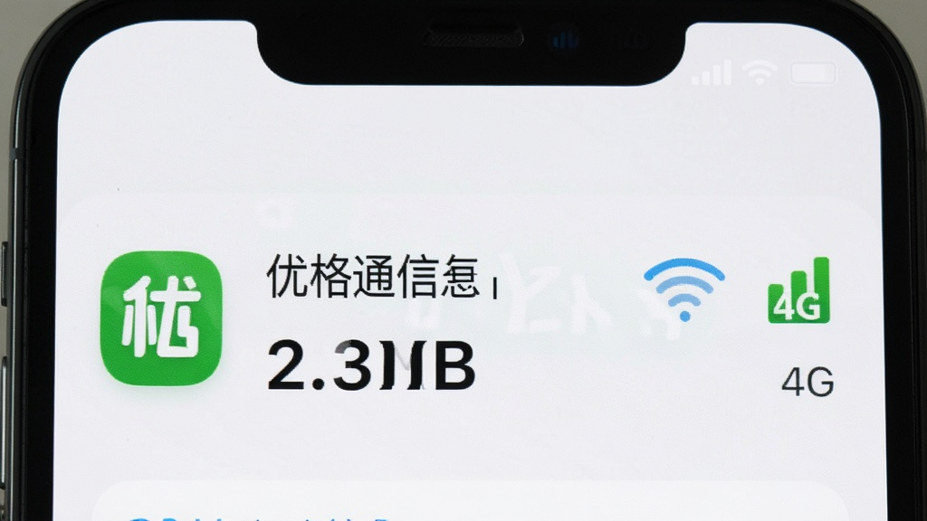 一个手机流量统计界面截图,显示“优格通信”今日消耗流量仅2.3MB,旁边有Wi-Fi和4G信号图标,背景为浅色,图标设计简洁清晰,风格现代真实,画质干净无多余元素
