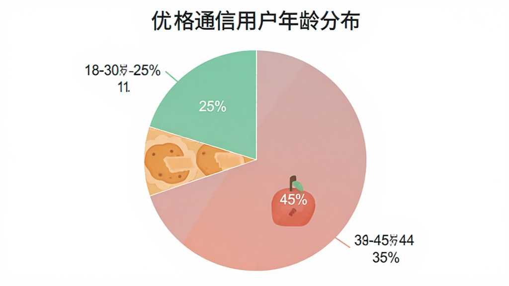 饼状图,显示优格通信用户年龄分布:18-30岁占25%,31-45岁占45%,46-60岁占30%,配色清新,图表清晰简洁,风格现代,画质干净无多余元素