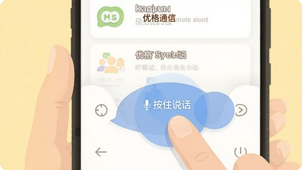 一张示意图,一位用户手指按住手机屏幕上的大按钮,界面显示“按住说话”字样,背景有群组列表图标,画面简洁明亮,扁平化风格,突出“优格通信”品牌名,画质干净无多余元素