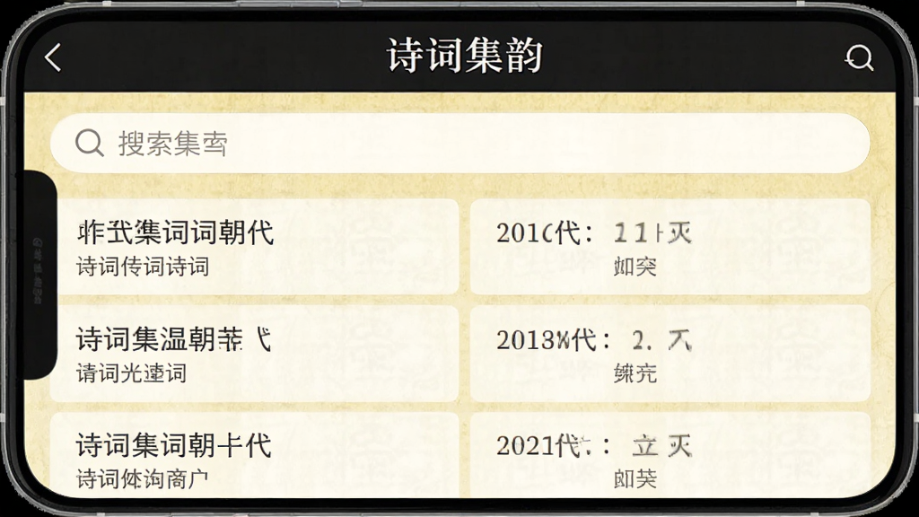 һ���ֻ�Ӧ�ý�ͼ�������ǡ�ʫ�ʼ��ϡ����������棬�������·�չʾ�Ų�ͬ������ʫ���б���ÿ��ʫ�ʶ����б�������ߣ�����Ϊ����ɫ��ֽ�������Ű����룬���ŷ磬ϸ�����������ʸɾ��޶���Ԫ�ء�