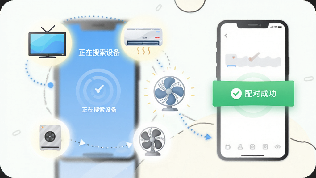 �廭չʾС��APP��������̣��ֻ���Ļ��ʾ�����������豸������Χ�е��ӡ��յ������ȵȼҵ�ͼ���𽥱�������Ȼ����֡���Գɹ�������ɫ��ʾ�������������죬ɫ�����£����ʸɾ��޶���Ԫ�ء�