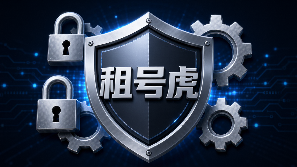 生成图片:设计一个安全盾牌图标,盾牌中央有“租号虎”字样,周围环绕着锁和齿轮,背景为深蓝色科技感光效,布局居中,排版简洁,风格3D渲染,细节为金属质感,画质干净无多余元素