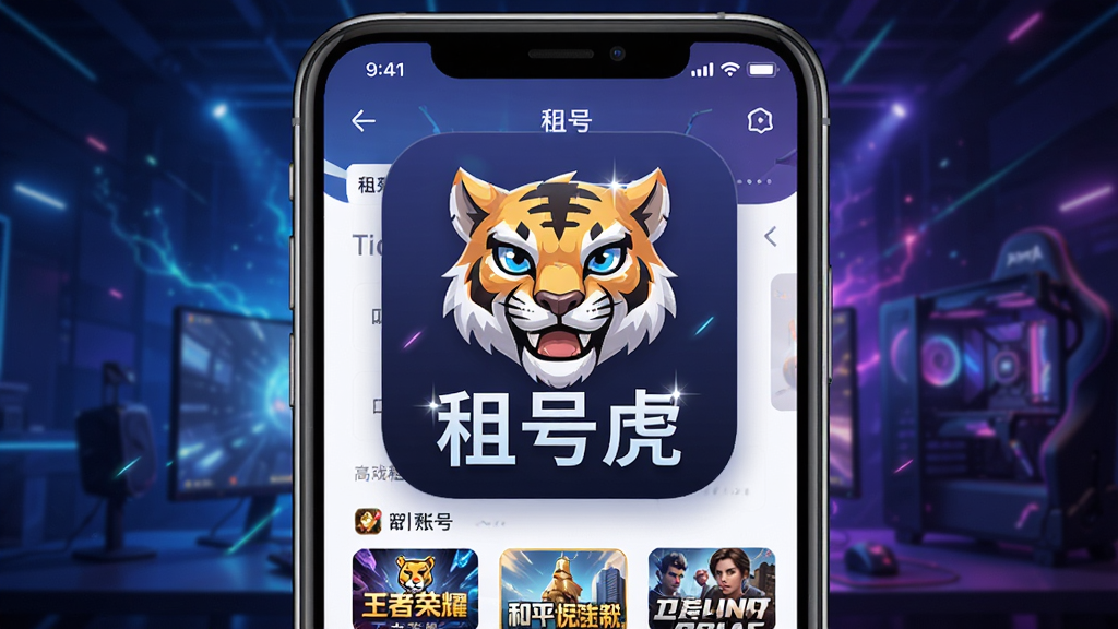 生成图片:主视觉展示“租号虎”APP图标,背景为电竞风格的光效,手机屏幕显示游戏账号租赁列表,包含王者荣耀、和平精英等热门游戏封面,布局居中,排版简洁,风格现代扁平,细节高光点缀,画质干净无多余元素