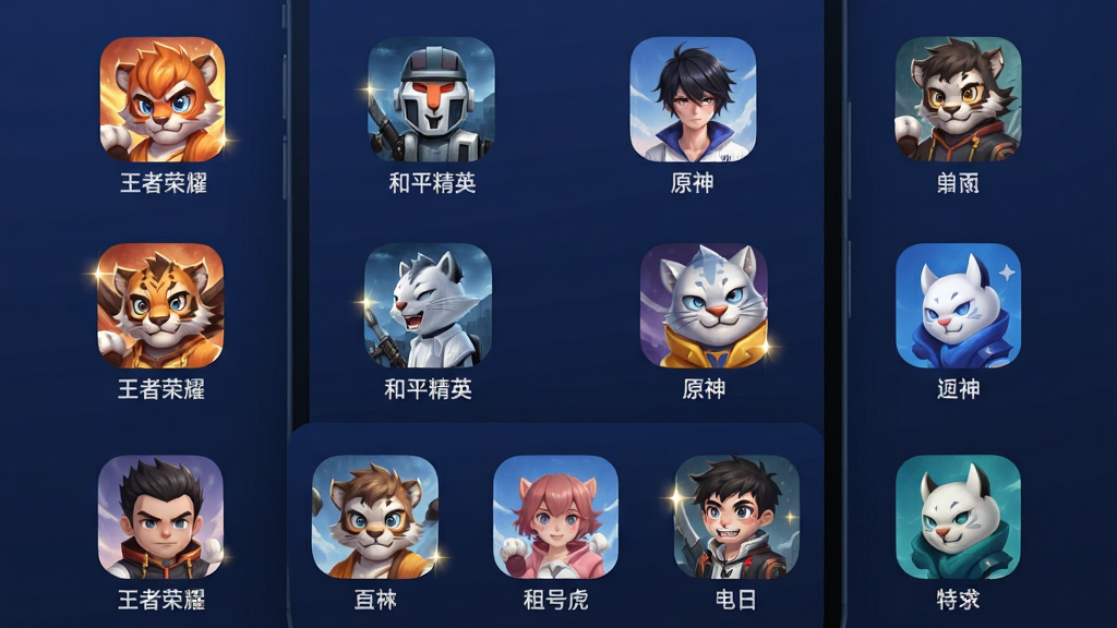 生成图片:手机界面展示“租号虎”游戏分类列表,图标排列整齐,包含“王者荣耀”、“和平精英”、“原神”等游戏图标,界面以深蓝为底色,布局清晰,排版整洁,风格简洁现代,细节为图标光影,画质干净无多余元素