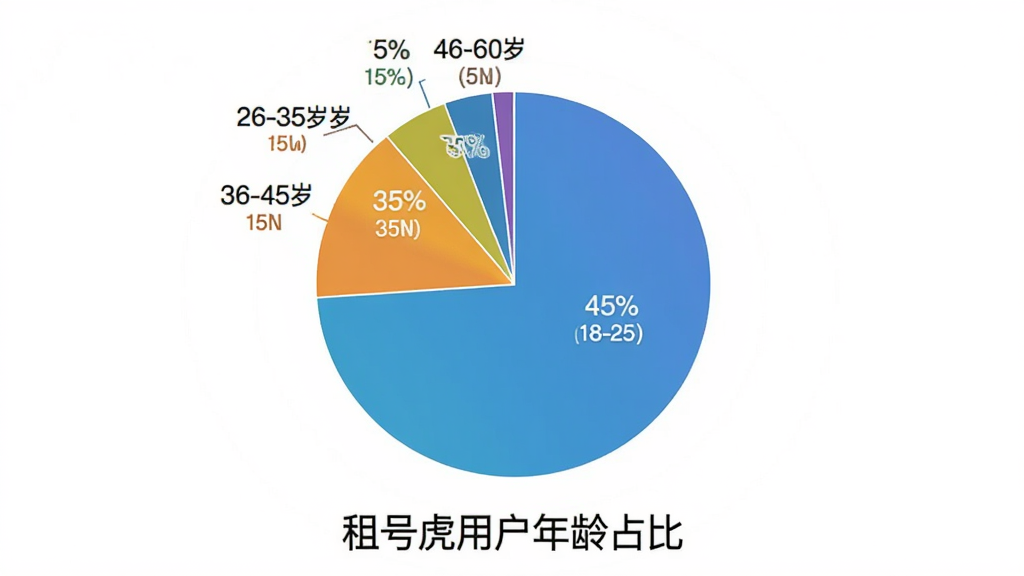 生成图片:饼状图展示“租号虎”用户年龄分布,18-25岁占45%,26-35岁占35%,36-45岁占15%,46-60岁占5%,图表下方标注“租号虎用户年龄占比”字样,布局居中,排版清晰,风格商务简洁,细节为数据标签,画质干净无多余元素
