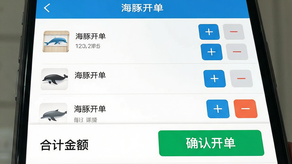 һ���ֻ�����������д������Ϊ�����࿪�����Ŀ���ҳ�棬��Ʒ��Ŀ���б����У�ÿ���Ҳ��С�+���͡�-����ť���ײ�����Ŀ�ġ��ϼƽ�����ɫ��ȷ�Ͽ�������ť���������½ṹ���Ű���������ƽ�����ϸ�ڸ�����ʾ������ť�����ʸɾ��޶���Ԫ��