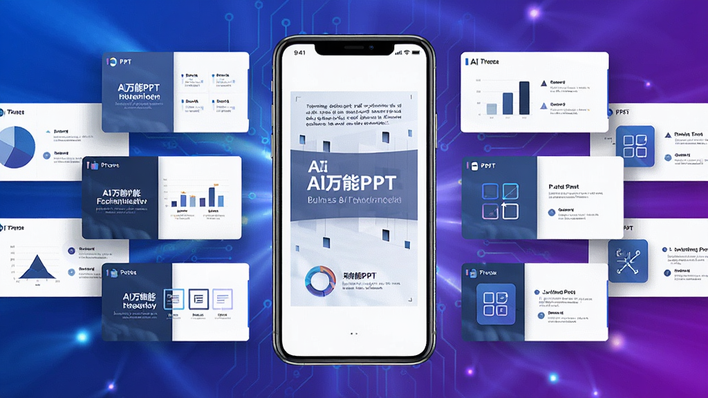 һ��չʾAI����PPT���Ĺ��ܵ�������ͼ������������һ���ֻ�����Ļ����ʾ�ž�����������ʾ�ĸ���棬�ֻ���Χ�����Ÿ��ַ���PPTģ������ͼ��ͼ��Ԫ�ء������Ű��ͼ�꣬����Ϊ���������ɫ�Ƽ��й�Ч�������������ִ����ɾ���ǿ�����ܡ���Ч��רҵ�����ʸ����޶���Ԫ��