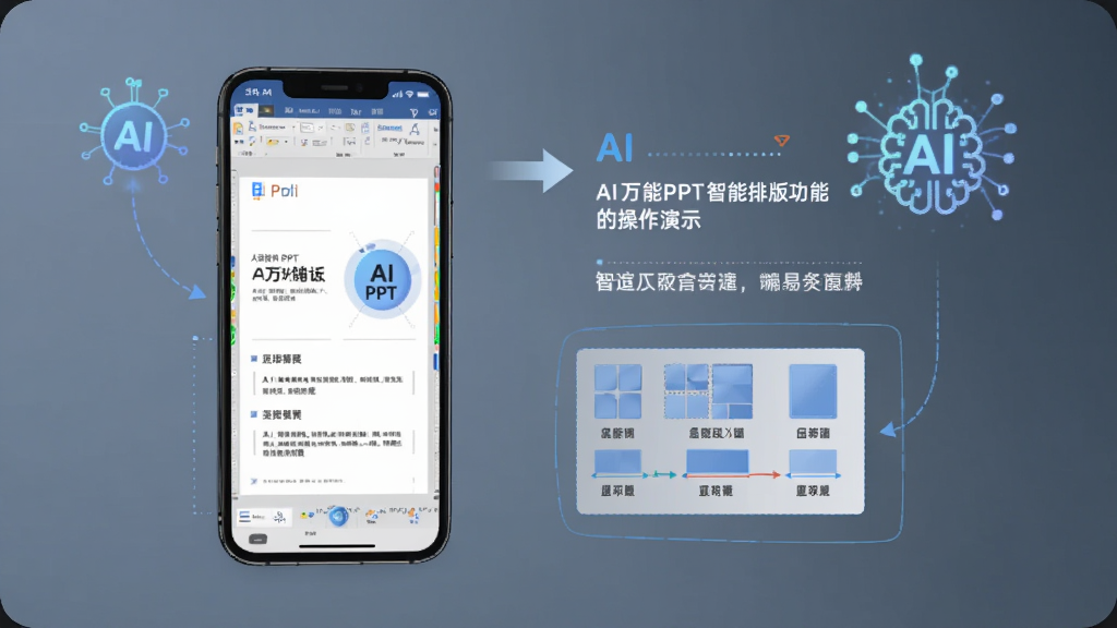 չʾAI����PPT�����Ű湦�ܵĲ�����ʾͼ���������ֻ���Ļ��ʾ���ڱ༭��PPTҳ�棬�Ա����Զ����ɵ����ֽ���Ͳ��ֵ���ʾ�⣬������AI�˹����ܵ�ͼ�꣬�������Լ���Ƽ���ǿ��ǿ�����ܸ��������ʸɾ�
