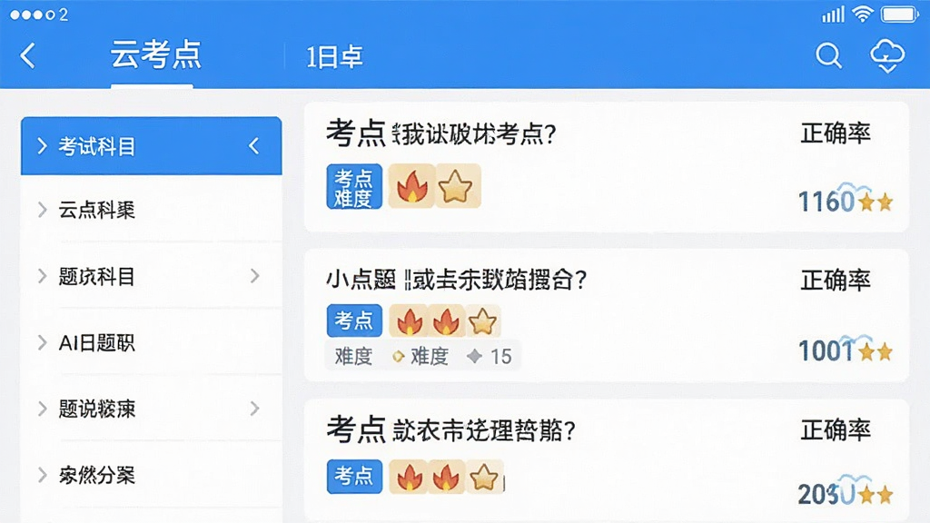 一张“云考点”App内的题库列表页面截图,左侧显示考试科目分类,右侧展示题目列表,每道题带有“考点”、“难度”、“正确率”标签,整体界面清晰,蓝白配色,扁平化设计,画质干净无多余元素