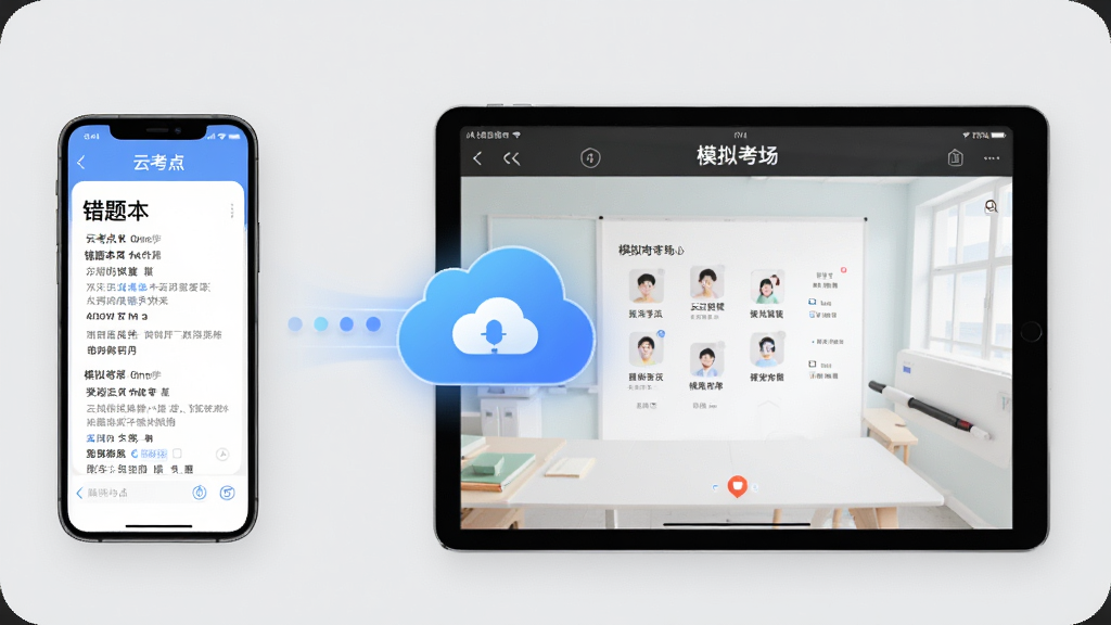 一张展示“云考点”在手机和平板设备上同步使用的场景图,左边是手机屏幕显示错题本,右边是平板显示模拟考场,中间有云朵状的数据同步图标,背景为浅灰色,现代感构图,画质干净无多余元素
