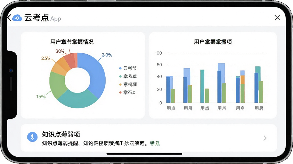 一张“云考点”App的学习报告页面截图,以饼状图和柱状图展示用户各章节掌握情况,下方有“知识点薄弱项”提醒卡片,整体界面以白色为底,图表颜色清新,UI设计专业,画质干净无多余元素