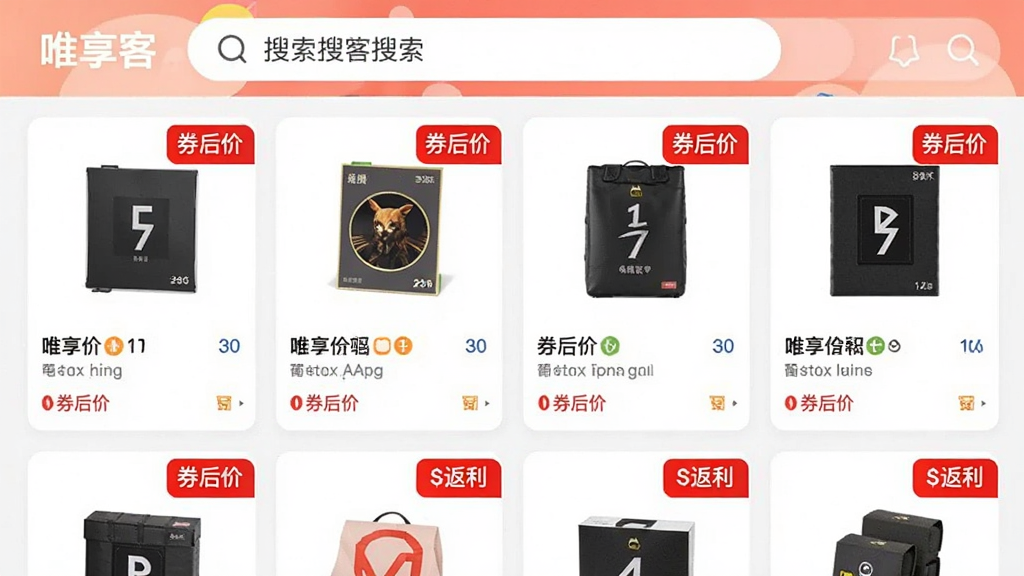 一张展示唯享客App搜索功能的截图,界面上方有搜索框,下方以卡片形式平铺展示来自不同电商平台的商品,每个卡片上都有“券后价”和“返利”的红色标签,整体布局清晰,色彩明快,画质干净,风格写实。