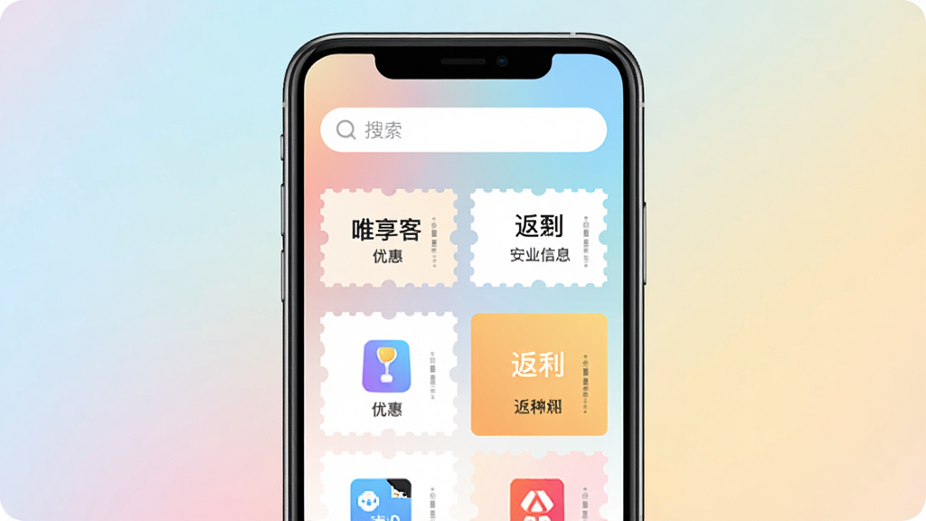 一张展示手机屏幕的图片,屏幕中央显示“唯享客”App的主界面,背景是柔和的渐变色,界面上方有搜索框,中间展示着各类商品的优惠券和返利信息,图标设计简洁现代,整体画质干净明亮,风格扁平化,无多余文字。