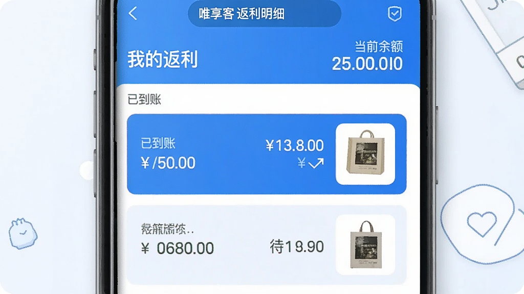 一张唯享客App的返利明细页面插图,页面顶部显示“我的返利”和当前余额,下面以列表形式展示最近几笔订单的返利状态,包括“已到账”和“待确认”,每一项都有清晰的金额和商品缩略图,整体风格简约,蓝白配色,画质清晰。