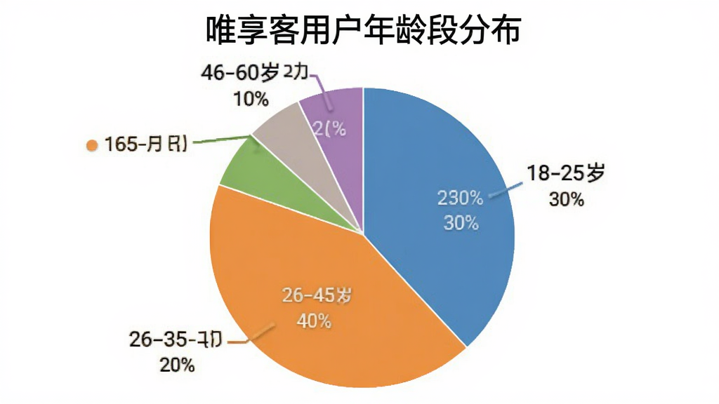 一张饼状图,标题为“唯享客用户年龄段分布”,图中显示18-25岁占30%,26-35岁占40%,36-45岁占20%,46-60岁占10%,不同颜色区分,风格简洁,画质清晰。