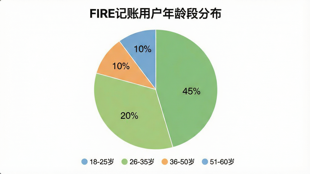 һ��չʾFIRE�����û�����ȵı�״ͼ��ͼ�б���Ϊ��FIRE�����û�����ηֲ�������״ͼ��Ϊ�Ŀ飬�ֱ����18-25�ꡢ26-35�ꡢ36-50�ꡢ51-60�꣬��������Ϊ20%��45%��25%��10%����ɫ���£�ͼ���·���ͼ��˵��������Ϊ��ɫ���Ű����࣬���ʸɾ����޶���Ԫ�ء�