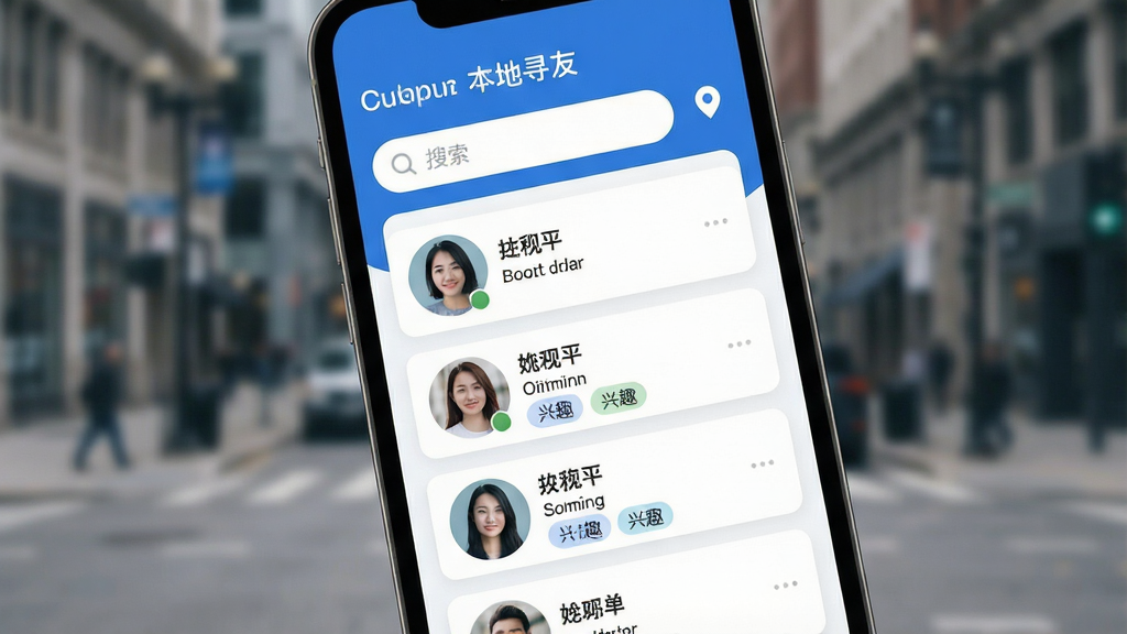 一张手机屏幕特写,画面中央显示“本地寻友”APP主界面,顶部有搜索框和定位图标,下方是用户卡片瀑布流,卡片上展示真人头像、昵称、距离和兴趣标签,背景是模糊的城市街景,整体风格现代简约,蓝白配色,画质干净无多余元素