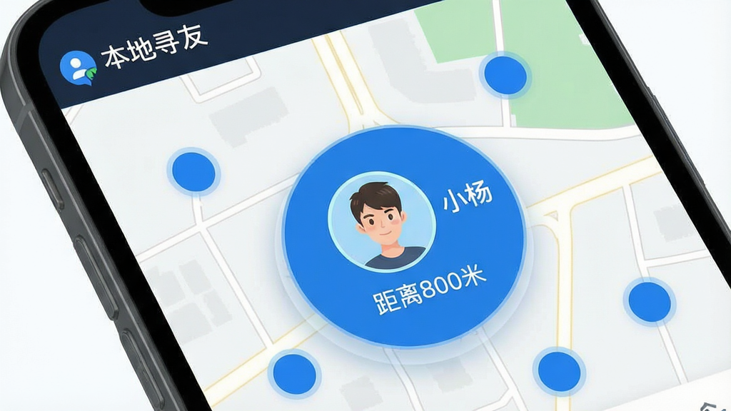 一张手机地图界面截图,地图上有多个蓝色小圆点代表用户,其中一个圆点被放大显示用户头像和昵称“小杨”,下方有“距离800米”字样,左上角有“本地寻友”LOGO,整体界面清晰,科技感强,风格扁平,画质干净无多余元素