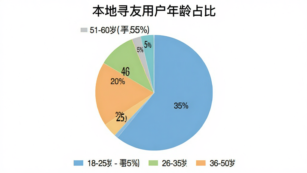 一张饼状图,展示本地寻友用户年龄分布,其中18-25岁占35%,26-35岁占40%,36-50岁占20%,51-60岁占5%,图表配色清新,标题为“本地寻友用户年龄占比”,下方有图例,画质干净无多余元素