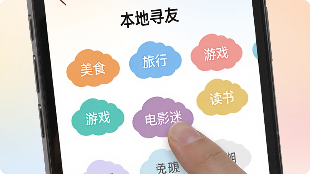 一张手机界面,展示“本地寻友”的兴趣标签选择页面,彩色圆角标签像云朵一样排列,包括“美食”、“旅行”、“游戏”、“读书”等,用户手指正在点击“电影迷”标签,背景柔和,界面活泼,画质干净无多余元素