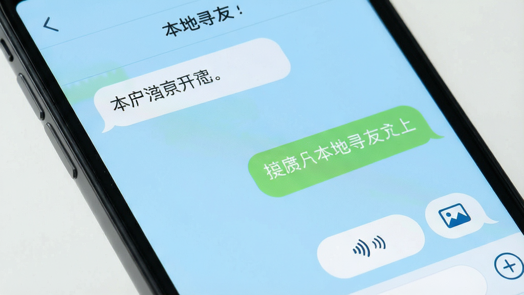 一张手机聊天界面特写,屏幕中显示“本地寻友”对话框,背景是纯色浅蓝,对话气泡以圆角矩形呈现,一左一右排列,下方有语音和图片按钮,整体设计干净清爽,无多余UI元素,画质清晰