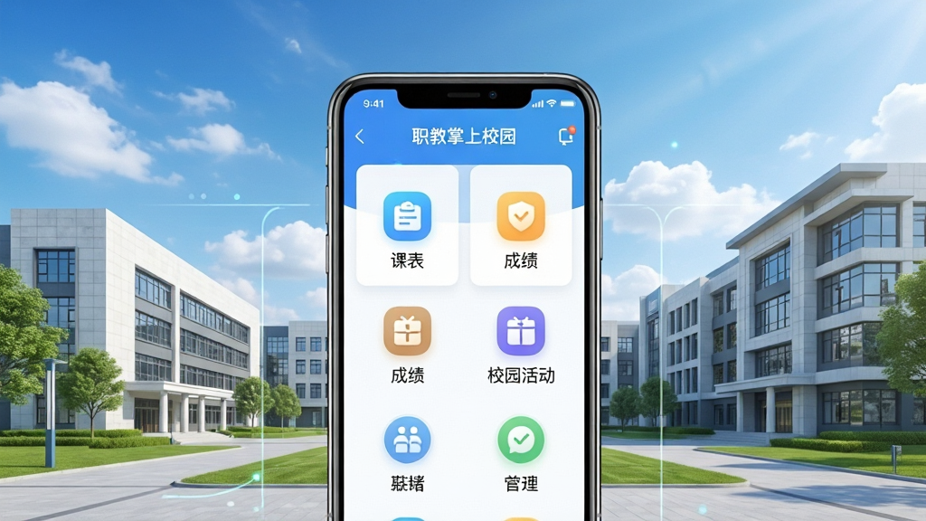 һ��չʾְ������У԰App���Ĺ��ܵ����������������������ֻ���Ļ��ʾ�����棬�����α����ɼ���У԰���ͼ�꣬�������ִ���ְҵԺУУ԰��⣬������ƣ��������ֻ�Ϊ�������������죬�Ű���������������������ϸ�ڷḻ�����������ɾ����޶���Ԫ�أ���Ļ�����������ɼ���ְ������У԰��
