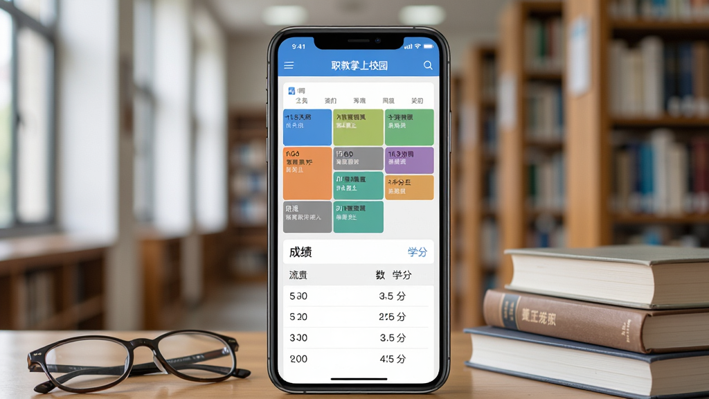 չʾְ������У԰App�Ŀα��ͳɼ����ܽ��棬����Ϊ�ֻ�������ͼ���Ϸ����ܿα�����ͬ�γ��ò�ͬ��ɫ�����֣��·��ǳɼ��б����з�����ѧ����Ϣ���ֻ��·�����һ���۾��ͼ����α���������ͼ�����ܣ������������Ű����룬���дʵ��ϸ�ڷḻ�����ʸɾ��޶���Ԫ�أ��ֻ���Ļ����ʾ��ְ������У԰������