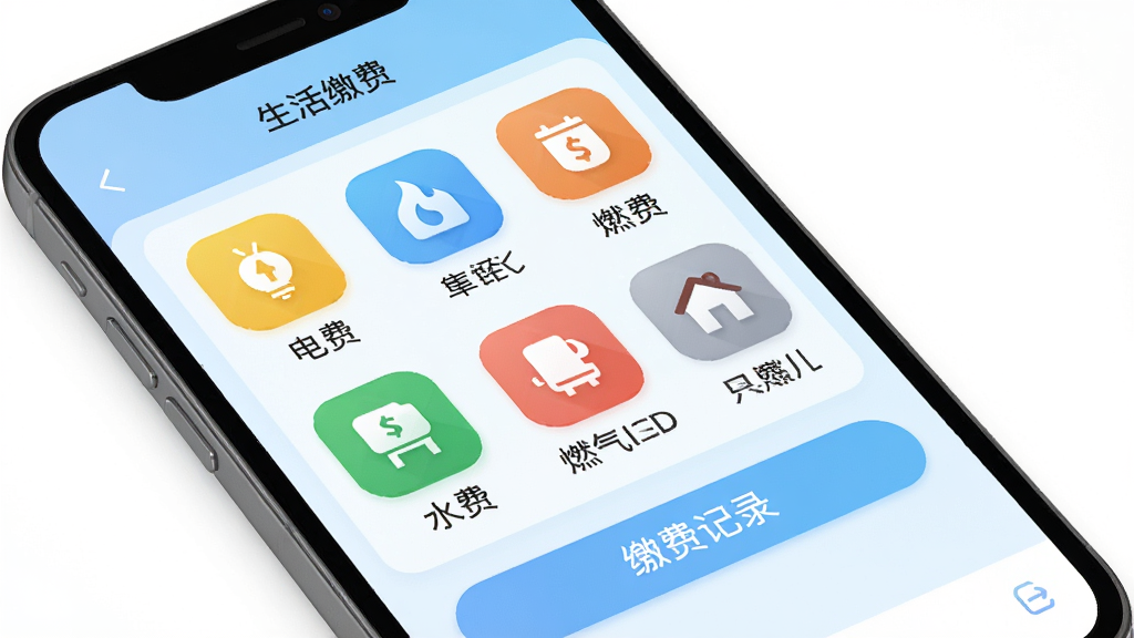 ���壺�����ֻ���Ļչʾ�Ҹ�캵�App�ġ�����ɷѡ����ܽ��棬��ʾ��ѡ�ˮ�ѡ�ȼ���ѵȶ���ɷ�ͼ�ꡣ���֣�ͼ���Թ�����ʽ���У�ÿ��ͼ���·��ж�Ӧ���ƣ��ײ��С��ɷѼ�¼����ť���Ű棺��������ɫ�����֡�������¼�Լ�����ܵ���ϸ�ڣ�ÿ��ͼ���в�ͬ��ɫ�����������ǳ��ɫΪ�������ʣ��ɾ��������޶���Ԫ�ء�