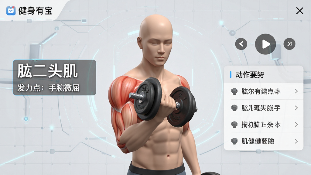 一张“健身有宝”应用内的动作教学演示截图,主体为3D人体模型正在做哑铃弯举动作,画面左侧有文字标注“肱二头肌”、“发力点:手腕微屈”,右侧有播放控制按钮和动作要领列表,背景为浅灰色科技感网格,布局左右分明,风格简洁专业,画质干净无多余元素