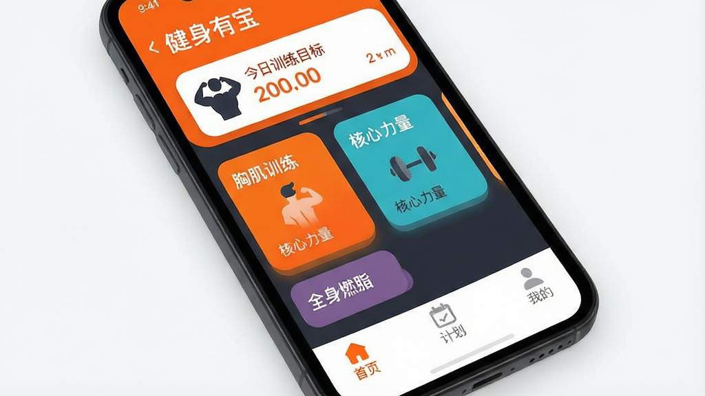 一幅现代简约风格的手机应用界面展示图,主体为“健身有宝”APP的首页,界面布局清晰,顶部显示用户今日训练目标,中间是“胸肌训练”、“核心力量”、“全身燃脂”等彩色卡片式课程入口,底部导航栏有“首页”、“计划”、“我的”三个标签,整体风格扁平化设计,以活力橙和深空灰为主色调,细节圆润,画质干净无多余元素