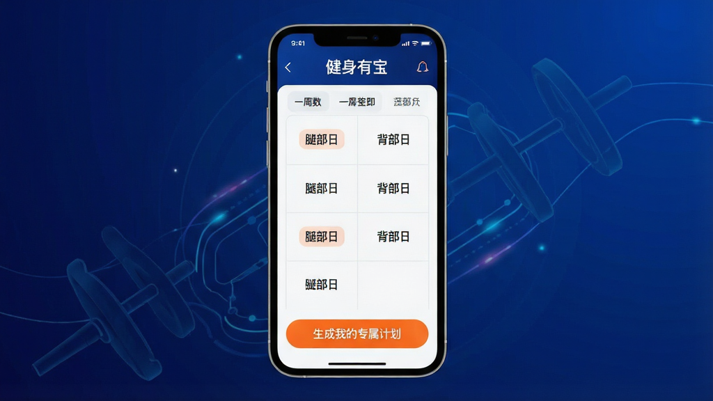 一张“健身有宝”智能计划生成界面的概念图,主体为手机屏幕内展示一份为期一周的训练计划表格,表格中每天对应不同的肌群训练主题,如“腿部日”、“背部日”,计划下方有“生成我的专属计划”的橙色按钮,背景为渐变的深蓝色并带有运动线条装饰,布局整齐清晰,风格现代科技感,画质干净无多余元素