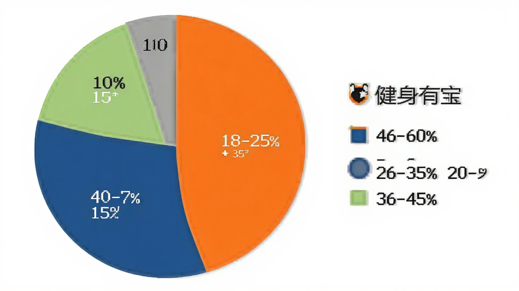 一张饼状图,展示“健身有宝”用户年龄分布,其中18-25岁占35%,26-35岁占40%,36-45岁占15%,46-60岁占10%,饼图颜色为活力橙、深蓝、浅绿和灰色,美观清晰,旁边有图例说明,背景为白色,画质干净无多余元素