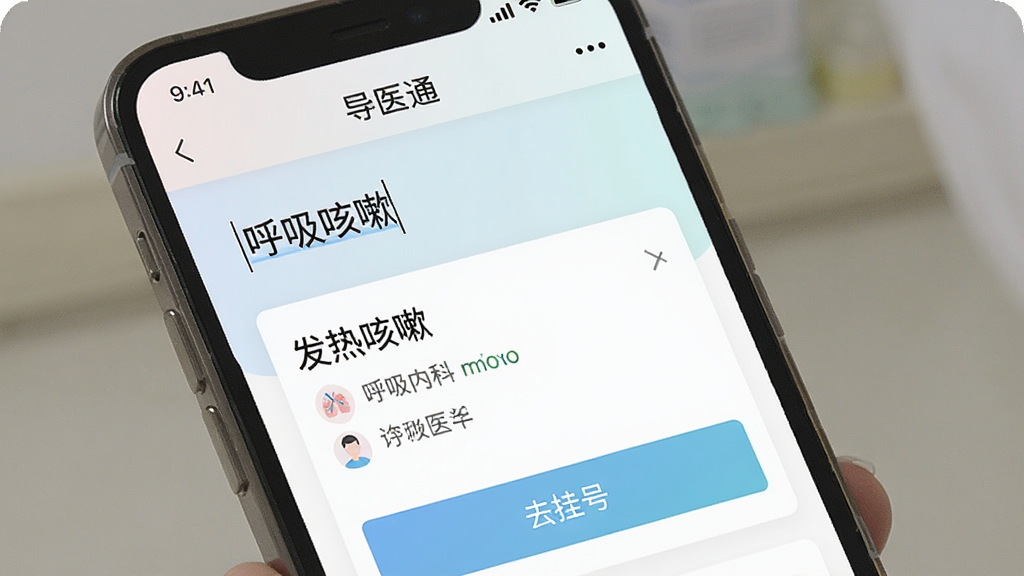 一张手机截图,展示“导医通”的智能分诊界面,用户输入“发热咳嗽”症状后,系统推荐“呼吸内科”和相应医生,下方有“去挂号”按钮,界面简洁清晰,色彩柔和,画质干净无多余元素。