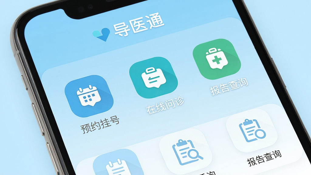 一张手机屏幕特写,屏幕中显示“导医通”App的主界面,包含预约挂号、在线问诊、报告查询等清晰的功能图标,背景是干净明亮的浅蓝色调,整体画质清晰,风格扁平现代,细节丰富,无多余元素。