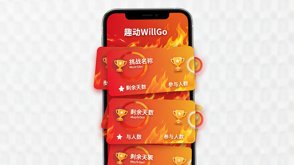 一张运动挑战任务界面设计图,主体是“趣动WillGo”的挑战列表,布局为左右滑动卡片,每个卡片上展示挑战名称、剩余天数和参与人数,背景是动态的火焰元素,风格现代且充满活力,色彩以红黄渐变为主,细节包含进度环和奖杯图标,画质高清、排版干净、无多余元素