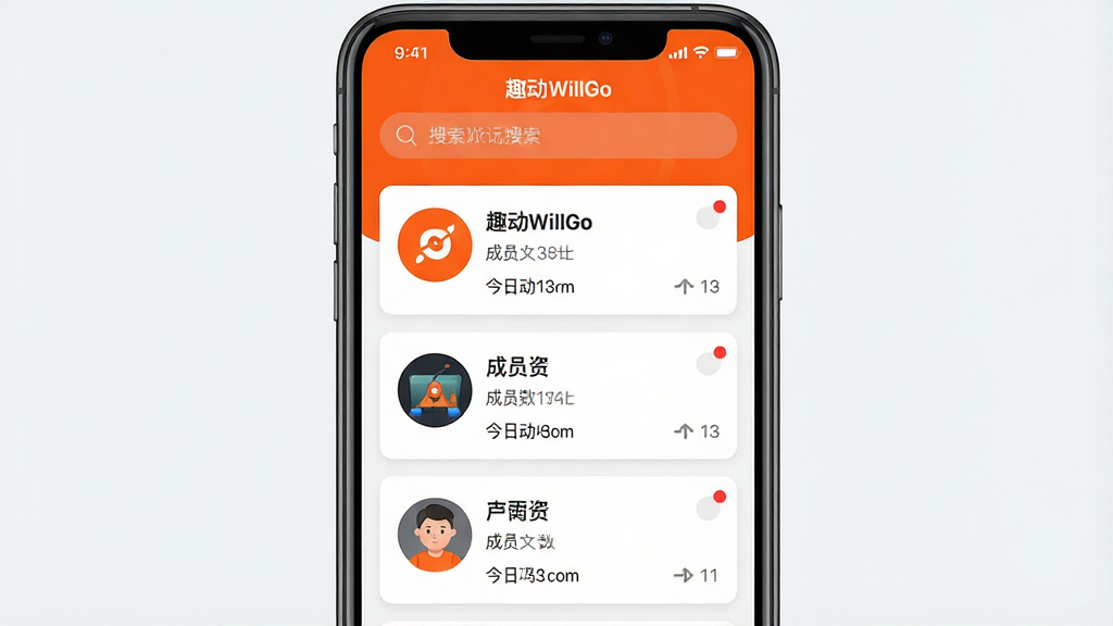 一张手机界面截图风格图片,主体是“趣动WillGo”的圈子列表页,布局为上下排列的卡片式信息流,每个卡片显示圈子头像、名称、成员数和今日动态,顶部有搜索栏,整体风格现代扁平,主色调为活力橙色,细节处显示消息红点,画质干净、无多余元素