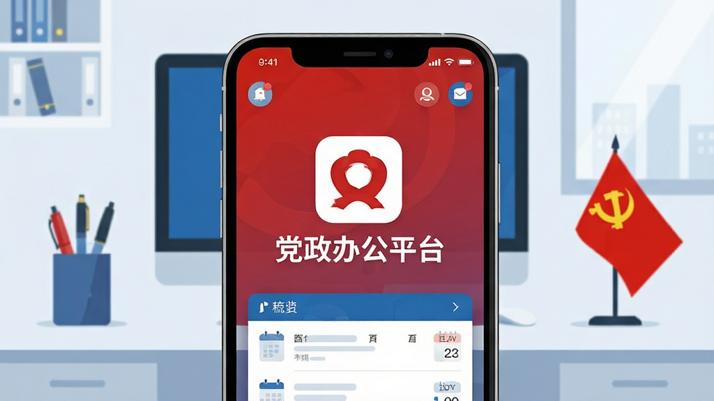 ��������Ϊһ�������ֻ�����Ļ��������ʾ�������칫ƽ̨��APP��Logo�����ƣ������Ǽ����ִ��칫�������������е��ԡ���Ͳ�͵���Ԫ�ء����岼�ֲ��þ��й�ͼ���ֻ���Ļ���������ɱ档���Ϊ��ƽ��ʸ���廭����ɫ�Ժ���Ϊ����ͻ������칫��ׯ����רҵ�С�ϸ�ڰ�����Ļ�ϵ�֪ͨͼ����ճ��б������ʸ���ɾ����޶���Ԫ�ء�