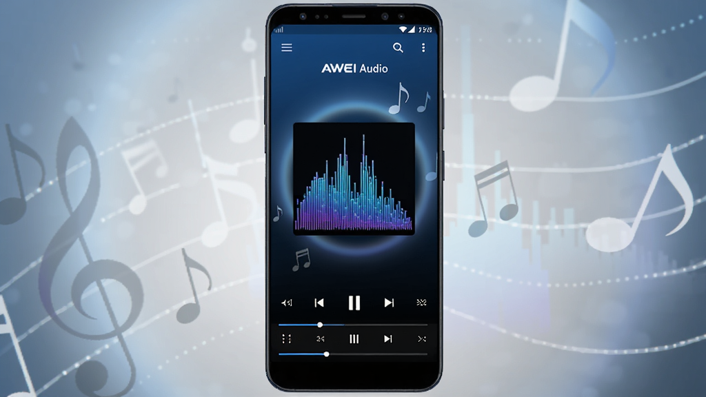 ͼƬ����ʾһ����Ϊ��AWEI Audio���İ�׿���ֲ��������棬�ֻ��������У����������ִ�����ɫΪ�������ɫ���䣬�ײ��в��ſ��������������ר��������һ�Ŷ�̬Ƶ��ͼ����������͵Ĺ���������Ԫ�أ����ָɾ����޶������֣����ʸ��壬�����Χ������רҵ��