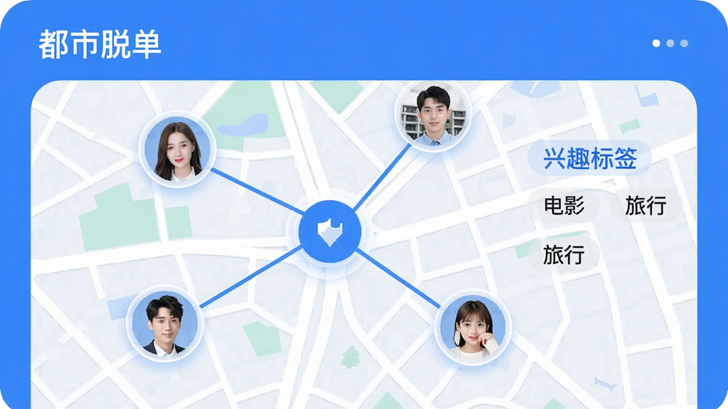 һ�š������ѵ���App��ͬ��ƥ�书��ʾ��ͼ����ͼ����ʾ�����û�ͷ�����������ӵ����ģ��Ա��С���Ȥ��ǩ���硰��Ӱ���������С������֣��������࣬������ɫ�����ʸɾ��޶���Ԫ�ء�