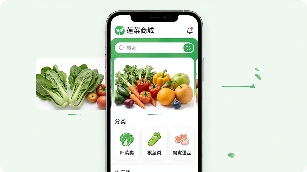 ����һ�������̳�APP�ĺ������ͼ������Ϊ�����ֻ���Ļչʾ�����̳������棬���涥���С������̳ǡ���ɫLogo���������м��������߲�ˮ�����ֲ�ͼ���·��Ƿ���ͼ���硰Ҷ���ࡱ�������ࡱ�����ݵ�Ʒ�������岼���������Ű����࣬����ִ���࣬ɫ������ɫ�Ͱ�ɫΪ����ϸ��Բ�󣬻��ʸ���ɾ��޶���Ԫ�ء�