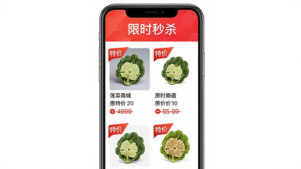 ����һ�������̳�APP���ؼ�ר��ҳ�棬����Ϊ�ֻ���Ļ�������С���ʱ��ɱ����ɫ���⣬�·�����Ʒ�б���ÿ����ƷչʾͼƬ�����ơ�ԭ�ۺͻ��߼ۣ��С��ؼۡ���ɫ��ǩ������Ϊ�б���ʽ���Ű���������������ǿ��ɫ��������ϸ��ͻ���۸���Ϣ�����ʸɾ��޶���Ԫ�ء�