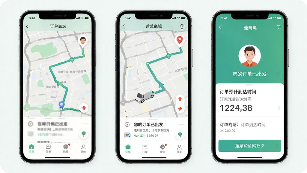 ����һ�������̳�APP�Ķ������͸���ҳ�棬����Ϊ�ֻ����棬��ʾ��ͼ·�ߺ�����Աͷ�����ġ����Ķ����ѳ��������·��ж���Ԥ�Ƶ���ʱ�䣬���ּ�࣬�Ű�ֱ�ۣ����רҵ��ɫ�����£�ϸ���г���ͼ�꣬���������ɾ���