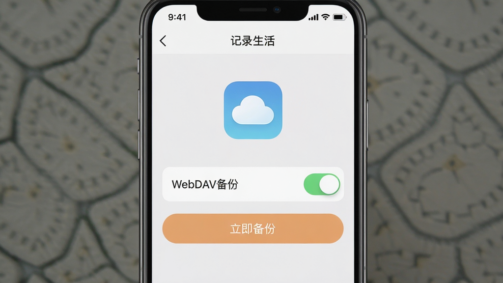 һ���ֻ�������ͼ����ʾ����¼���APP�ı�������ҳ�棬�������С�WebDAV���ݡ����غ͡��������ݡ���ť��������ǳ��ɫ���Ϸ����ƶ�ͼ�꣬�������Լ��UI���ֹ�����ɫ����ͣ������������޶���Ԫ��