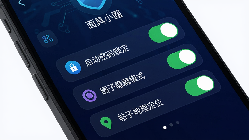手机屏幕显示“面具小圈”App的隐私设置界面,有“启动密码锁定”、“圈子隐藏模式”、“帖子地理定位”三个开关按钮,全部处于开启状态,背景是深蓝色,风格科技感,界面简洁,图标清晰,画质高清。