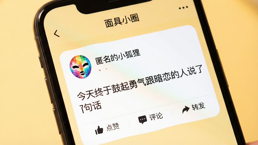 手机屏幕特写,显示“面具小圈”App的匿名发帖界面,用户头像是一个彩色马赛克面具图案,昵称是“匿名的小狐狸”,帖文内容为“今天终于鼓起勇气跟暗恋的人说了句话”,下方有“点赞”、“评论”、“转发”按钮,背景是温暖的浅黄色,风格温馨,细节丰富,画质清晰。