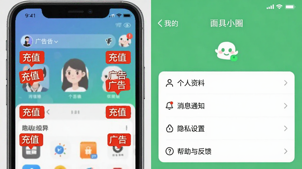 手机屏幕对比图,左边是其他社交App,界面上布满“充值”、“广告”等红色标签;右边是“面具小圈”App的“我的”设置页面,只有“个人资料”、“消息通知”、“隐私设置”、“帮助与反馈”几个干净整洁的选项,背景是清爽的绿色,风格对比鲜明,画质干净。