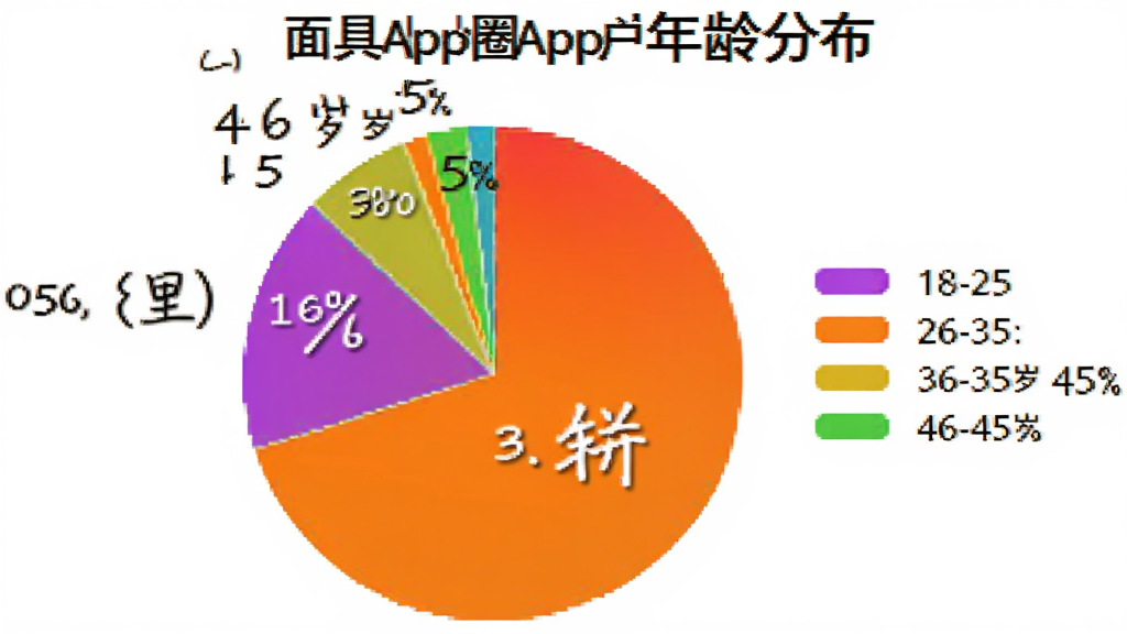 饼状图,展示“面具小圈”App用户年龄分布,18-25岁占35%,26-35岁占45%,36-45岁占15%,46-60岁占5%,图例颜色鲜艳,背景为白色,图表清晰,数据标注明显。
