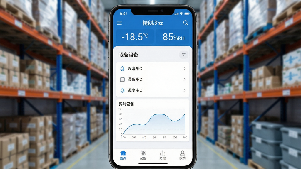 һ�������ֻ���Ļ��д����Ļ�м��Ǿ�������App�������棬������ʾ��ǰ����¶�-18.5���ʪ��85%RH���м����豸�б���ʵʱ����ͼ���ײ�������Ϊ��ҳ���豸�����ݡ��ҵġ��ֻ�������ģ�����ִ�������ڲ������������϶���������岼��������������ɫ������ƽ����ƣ����ʸɾ����޶���Ԫ�ء�