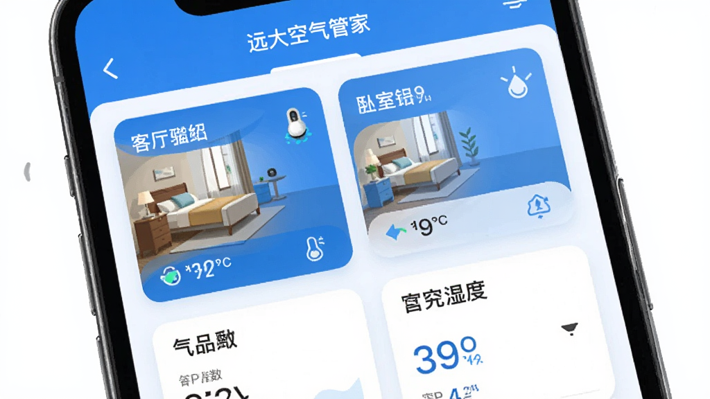 �ֻ���д��Ļչʾ��Զ������ܼҡ�APP���豸�б����棬�������ж��ſ�Ƭ�ֱ���ʾ���������ҵĿ�������ָ�����¶�ʪ�ȣ����ֲ��ÿ�Ƭʽ��ƣ��Ű��������������ƽ������������ɫ��ϸ�ڷḻ�����ʸɾ��޶���Ԫ�ء�